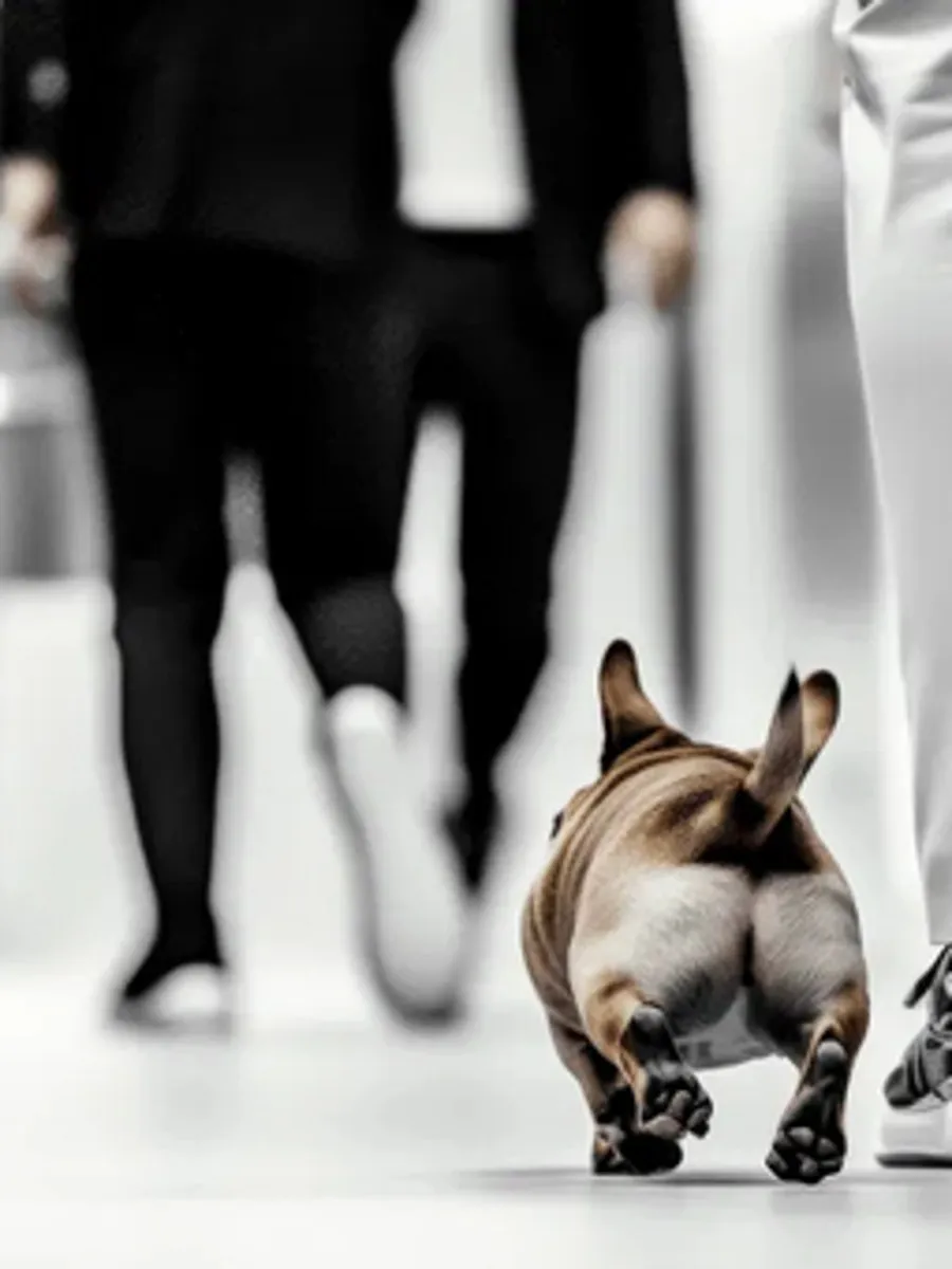 Thomas Uder Real Investments – Französische Bulldogge läuft über einen hellen Boden, im Hintergrund Personen in Anzügen